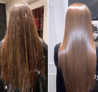 Avant/après soin Botox cheveux à l’huile de ricin – brillance, souplesse et réparation visibles dès la première application.